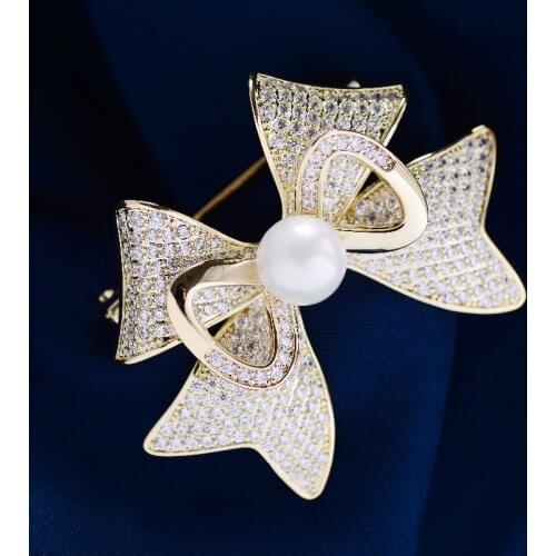 OKILY Elegant Zirconia Bowknot Broochpins for Women Clothes Corsage Pins Bow Brooches with Pearl Fashion Jewelry Accessories