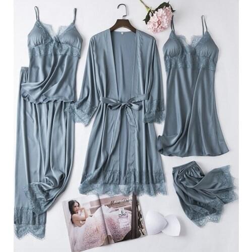 5PCS Sleepwear Sexy Lady Kimono Bathrobe Gown Nightgown Casual Lounge Nightwear Sleep Set Intimate Lingerie Silky Satin Homewear