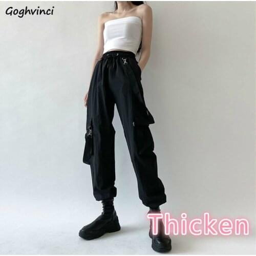 Casual Cargo Pants Solid Thicken High Waist Simple Korean Style Tie Feet Plus Size 3XL Teenagers Fall Winter Removable Chic New