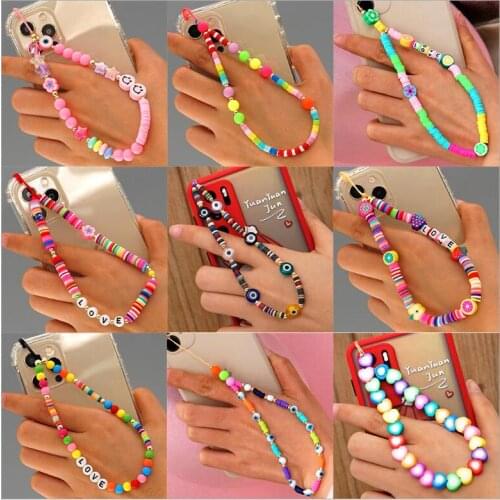 2021 New Mobile Phone Strap Lanyard Colorful Smile Pearl Soft Pottery Rope for Cell Phone Case Hanging Cord for Women