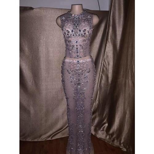 Silver Rhinestones See Through Mesh Dress Evening Birthday Celebrate Stage Dance Stretch Two Piece Dresses Women Dancer Clothing