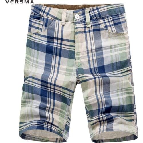 VERSMA 2017 Men Khaki Board Shorts for Women Bermuda Masculina Mens Cotton Plaid Couple Shorts Mens Fashion Casual Beach Shorts