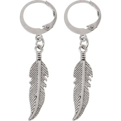 Vintage Leaf Titanium Steel Feather Pendant Hoop Earrings Korean Jewelry Unisex