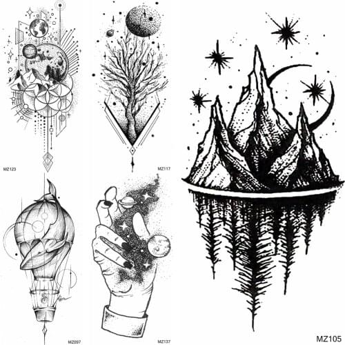 Galaxy Mountain Temporary Tatoo Sticker Black Waterproof Anchor Planets Whale Tatoos Fake Creative Body Art Decoration For Adult