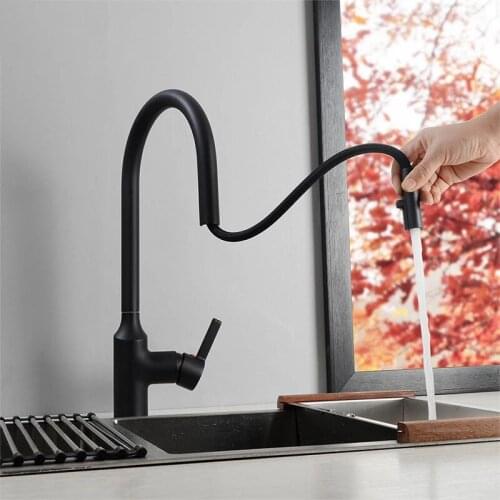 Pull Out Kitchen Faucet Matte Black & Chrome Kitchen Sink Water Mixer Tap Single Hole Basin Brass Faucet