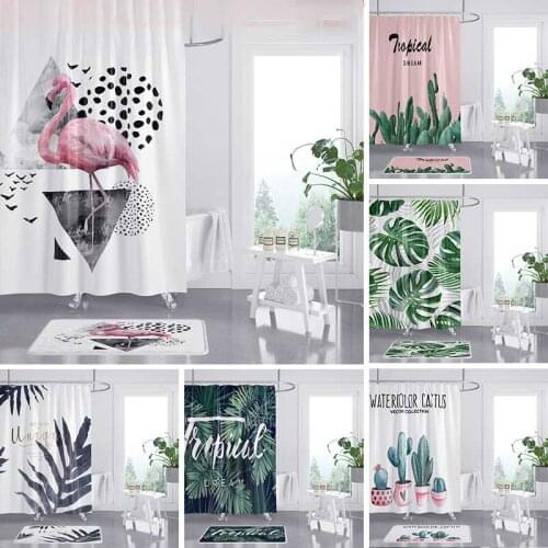 Green Tropical Plants Animal Flamingo Shower Curtains Polyester Frabic Waterproof Shower Curtain With Hooks for Bathroom Shower