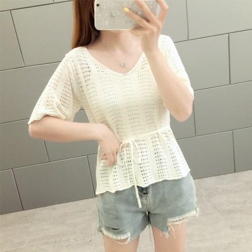 Women Hollow Out Plain Sunscreen Short Sleeve T-Shirts Fashion Summer Casual Bow Tie Thin Knitted Top