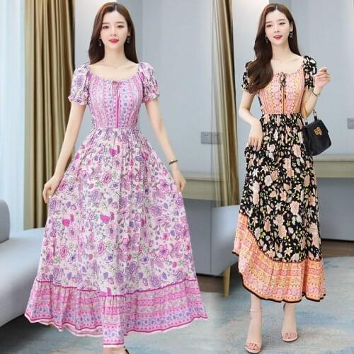 Women summer bohemian cotton long beach dress vintage flower print drawstring maxi dress ladies casual plus size boho dress