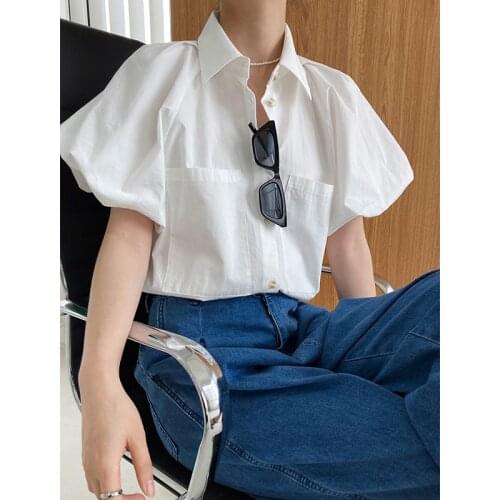 Women Puff Short Sleeve Shirt Summer Stree Wear White Shirt Linen Blouse Female Womens Blouse Womens Shirts With Pocket Lapel
