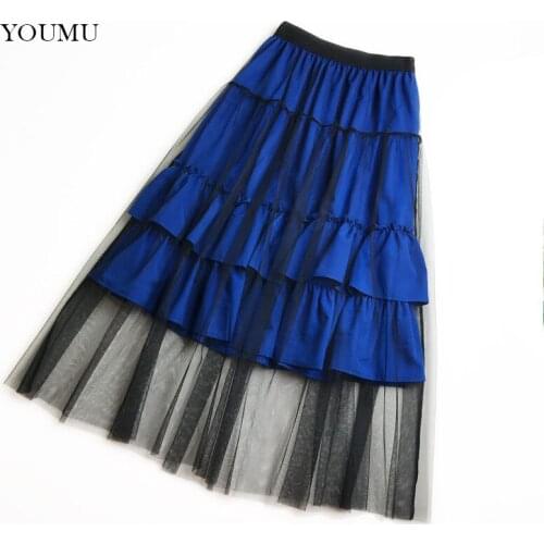 Women Vintage A-Line Skirt Mesh High Waist Streetwear Blue Purple Black Knee-Length Tiered Skirts Summer Fashion 223-367
