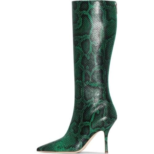 Winter Snake Print Womens Knee Long High Boots Stiletto Heel 9.5CM Pointed Toe Back Zipper Green Size 33-46 Fashion Ladies 2021