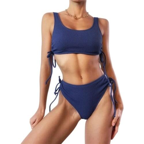 Women Navy Blue 2pcs Bikini Set Low Square Neck Drawstring Tank Tops With Side Tie Triangle Bottoms Bikini Swimsuits For Women