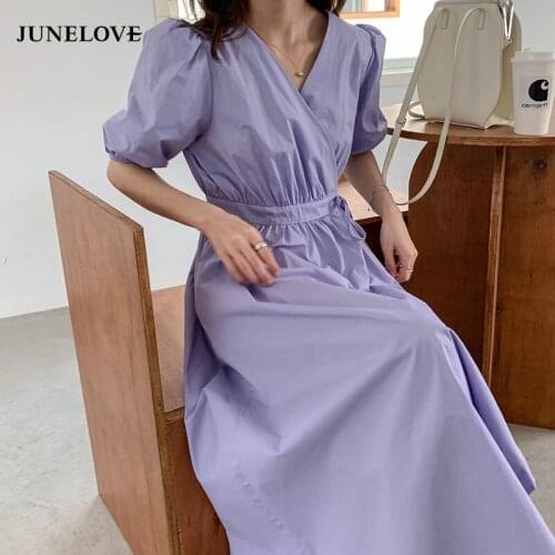 Women Elegant Long Dress Summer 2020 V-Neck High Waist Lace-Up Purple Lady Office Dress Puff Sleeve Party A-line Dress Vestidos