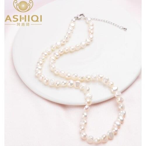ASHIQI Real 7-8mm Freshwater Pearl Necklace for Women Classic Natural Baroque Pearl Jewelry