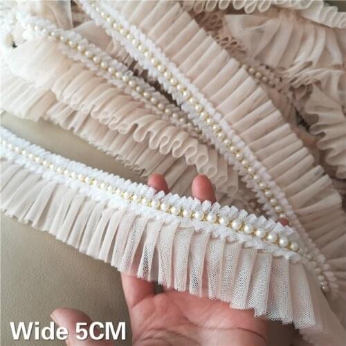 5CM Wide Double Layers Mesh 3d Pleated Lace Collar Neckline Beaded Fringe Ruffle Trim Embroidery Ribbon Dress Garment Decoration