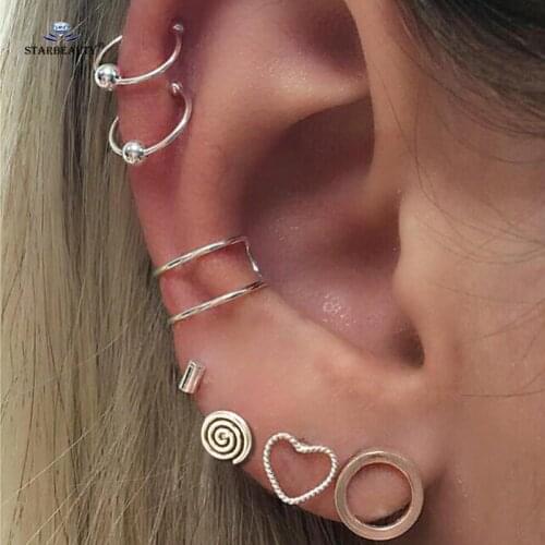 7 pcs/lot Hot Round Twisted Heart Fake Piercing Helix Piercing Tragus Fake Nose Ring Pircing Earrings Alloy Ear Cuff Ear Jewelry