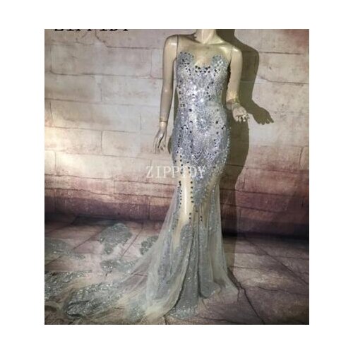 Sparkly Crystals Mesh Long Tail Outfit Evening Celebrate Bright Rhinestones Dresses Costume Female Singer Birthday Dress