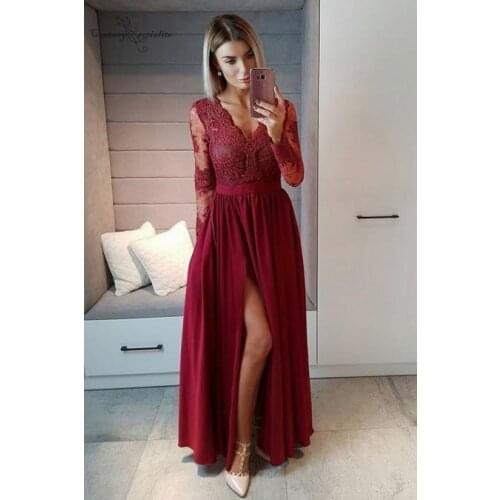 Burgundy Prom Dresses Long Sleeves 2020 Side Split Appliques Button Back Floor Length Chiffon Party Dress Evening Gowns Cheap