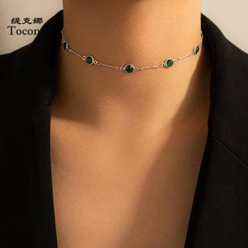 Tocona Elegnct Green Crystal Stone Clavicle Chain Choker Necklace for Women Gold Color Alloy Metal Adjustable Jewelry Collar
