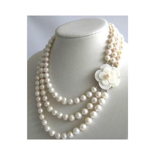 Natural pearl jewelry 3Row 7-8mm White Freshwater Pearl Necklace Shell Clasp Natural Bridal hook