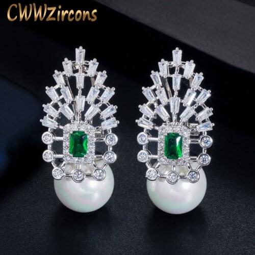 CWWZircons Luxury Cubic Zirconia Pave Big Round Drop Pearl Earrings for Women Statement Wedding Party Jewelry CZ614