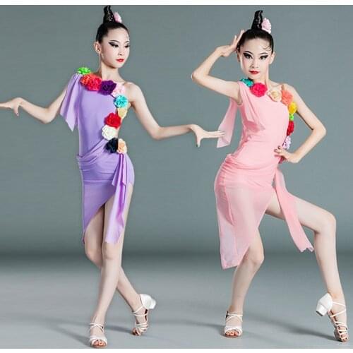 ChildrenS Latin Dance Dress Girls Latin Clothes Professional Competition Dresses One-Shoulder Flower Dance Gauze Dress DN9768