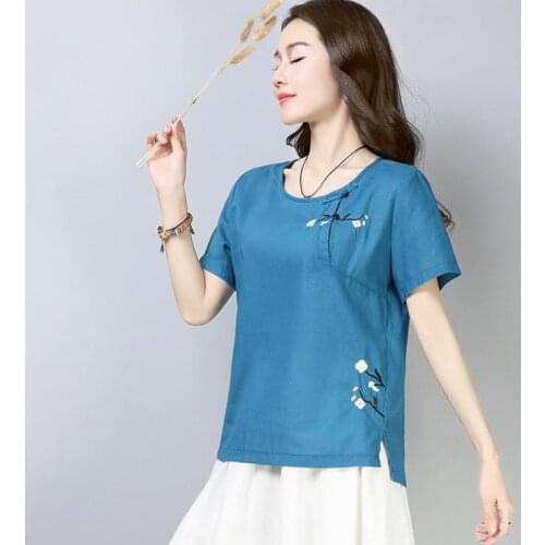 Summer Casual Woman Embroidery Short Sleeve Red Blue White Linen Loose T Shirt , Female Woman Slim XXL Tshirt With Embroidered