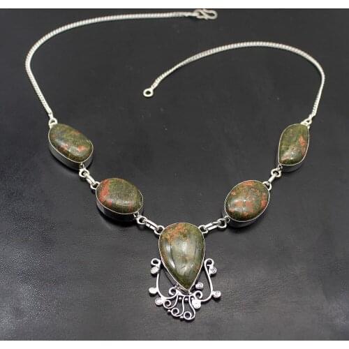 Hermosa Fashion Jewelry Origin Green Unakite Silver Color Necklace Women Chain Necklace 19.5 Inch A188
