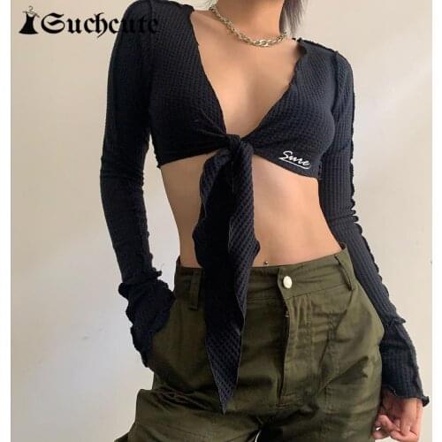 SUCHCUTE Solid Long Sleeve Cropped Tops Women Bandage Sexy V Neck T-Shirts Harajuku Casual Fashion Streetwear Outfits 90s Tees
