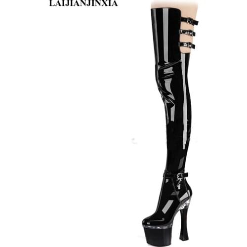 LAIJIANJINXIA New 8 Inch Chunky Heels Thick ZIP Goth Boots Pu Knee High Boots 18cm Sexy Pole Dance Shoes Stage Models Long Boots