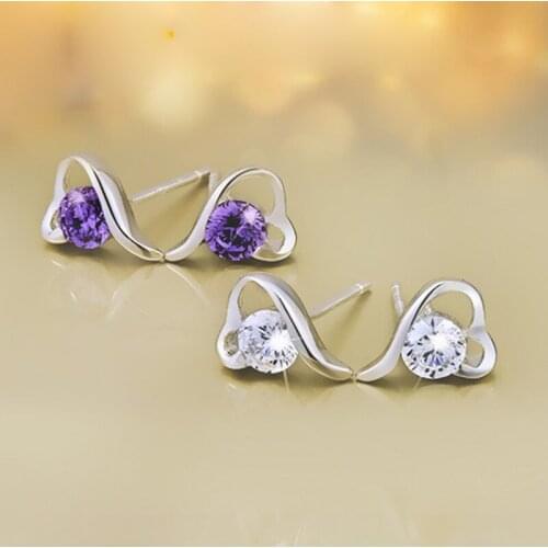 Cute Romantic 925 Sterling Silver Stud Earrings For Women Wedding Jewelry Shiny Zircon Heart Earring Lady Engagement Gift KOFSAC