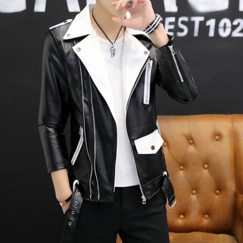 2021 Mens Short Personalized Color Matching Leather Jacket Youth Rivet Handsome Motorcycle Oblique Zipper Leather Jacket