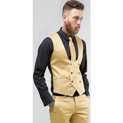 2017 Latest Coat Pant Designs Gold Double Breasted Men Suit Slim Fit 2 Piece Tuxedo Custom Groom Suits Terno Masculino Vest+Pant