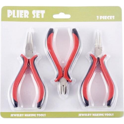 3Pc Red DIY Jewelry Tool Sets Ferronickel Side-Cutting Pliers Chain-Nose(Flat Nose Pliers) and Round Nose Pliers 115~130x55~60mm