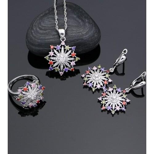 Multicolor Cubic Zirconia 925 Silver Jewelry Sets For Women Wedding Accessories Earrings With Stone Pendant Ring Necklace Set