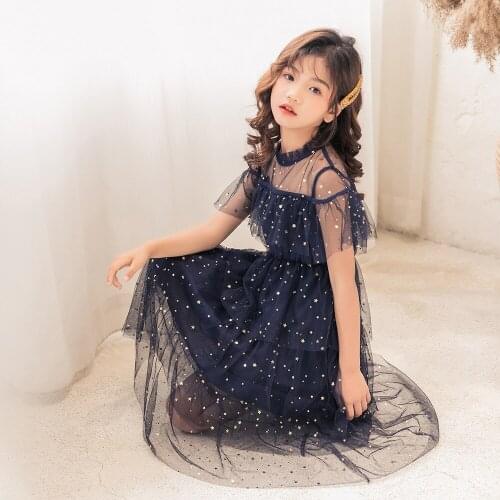 Teens Girls Sparkle Stars Cake Dress for Children Old Girls Ruffles Shoulderless Summer New Clothing Outfit