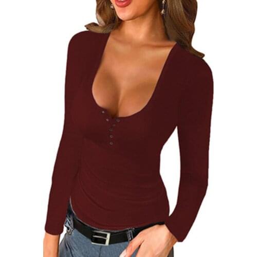 Autumn Womens Sexy Slim Pullover Fashion Solid Color V-neck Threaded Long Sleeve Inner Tops Womens Bottom Shirt Office Tops