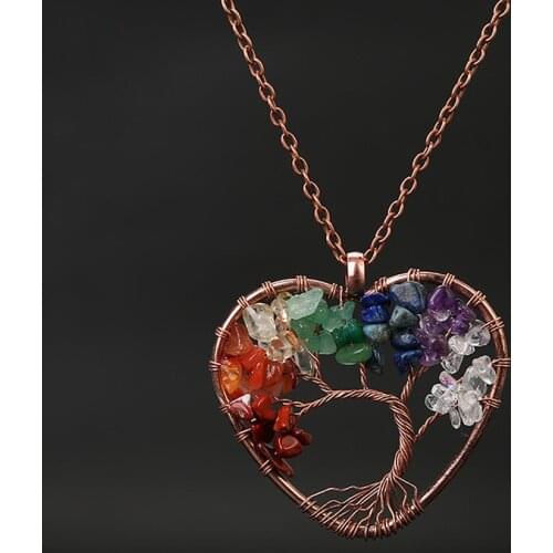 Natural Stone 7 Chakra Reiki Healing Tree of Life Pendant Necklace Heart Pendants Amulet Healing Crystal Women Jewelry Gift