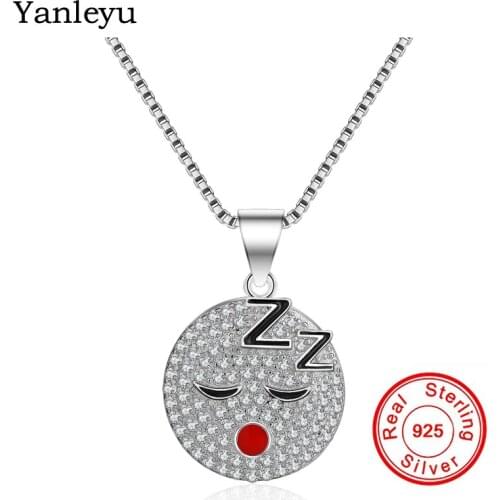 Yanleyu Unique Funny Expression Sleepy Pendant Necklace Real 925 Sterling Silver Micro Pave Cubic Zircon Jewelry Necklace PN005