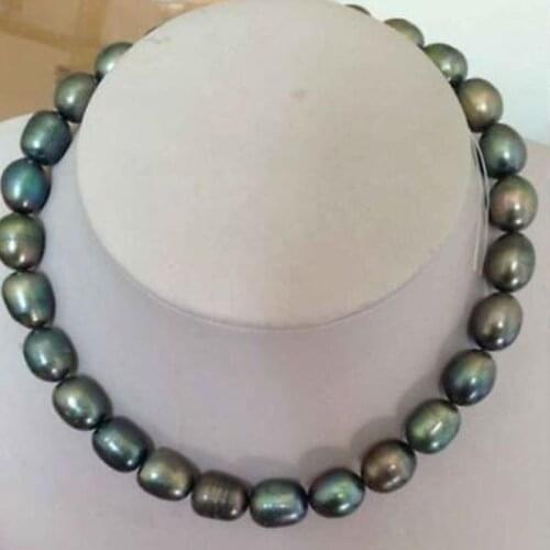 Stunning 9-10mm tahitian black green baroque pearl necklace 18inch 14k gold