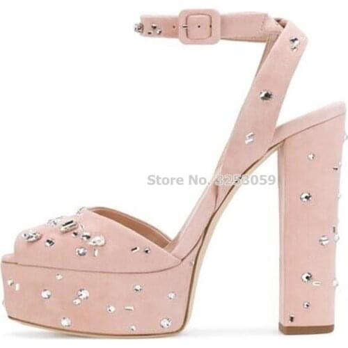 ALMUDENA Baby Pink Embellished Platform Sandals Chunky Heel Bling Bling Crystal Beaded Super High Heels Wedding Pumps Vogue Shoe