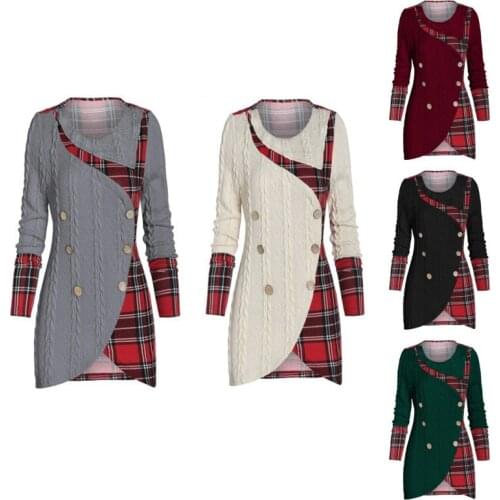 Wipalo Women 2021 Oversized Tartan Panel Mock Button Asymmetric Knit Sweater Autumn Vintage Casual Long Pullovers Jumper Tops