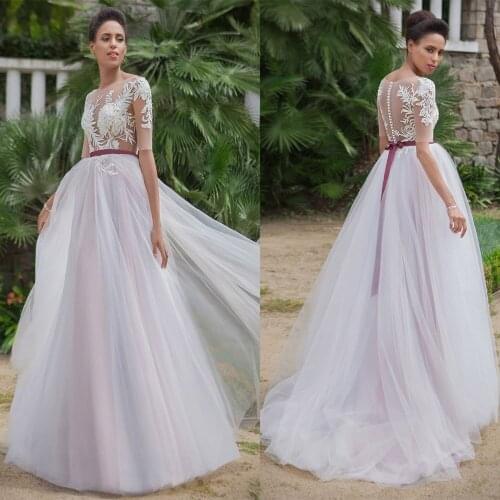 Half Sleeves Tulle Lace Appliques A-Line Wedding Dresses With Ribbon Bridal Gowns Buttons Back Custom Tulle Wedding Wear Spring