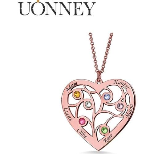 UONNEY Dropshipping Personalized Birthstone Family Tree Heart Pendant Silver Necklace Fashion Dainty Jewelry Woman Gift Idea