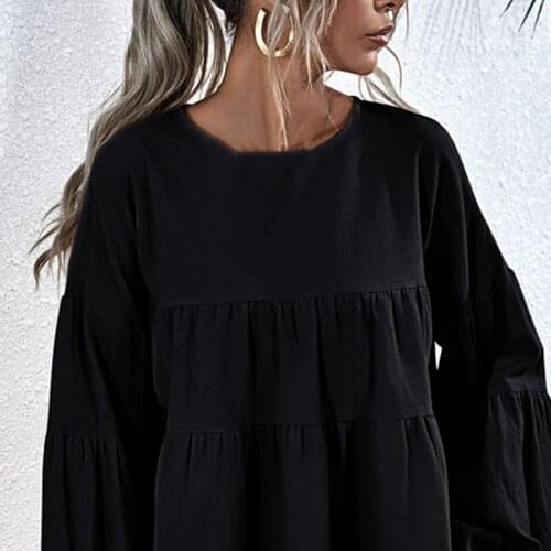 Women Blouse Solid Color Ruffles Patchwork Spring Autumn Lantern Sleeve O Neck T-shirt Streetwear Casual Blouse Women Tops 2021