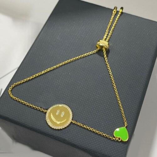 SLJELY Fashion 925 Sterling Silver Neon Green Heart Smiling Happy Face Adjustable Bracelet Micro Zircon Women Fine Brand Jewelry