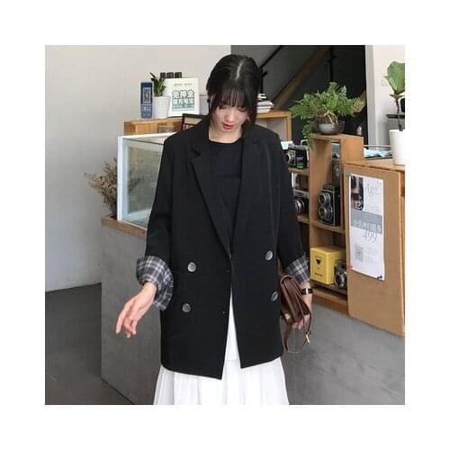 2021 Korean Women Black Blazer Loose Suit Double Breasted Pockets Office Lady Women Blazers And Jackets Winter Blazer