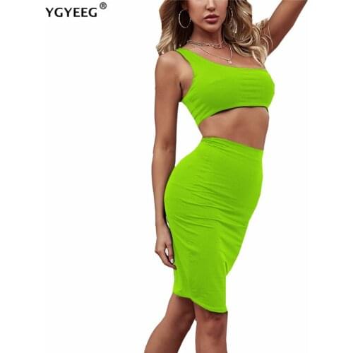 YGYEEG Two Piece Set Women Ruched Neon Green Backless Club Outfit One Shoulder Crop Top And Knee Length Skirt Summer Clothes