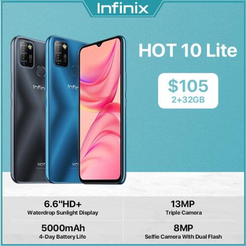 100% Original Infinix Hot 10 Lite Global Version smart phone 6.6 inch Helio A20 2GB 32GB Face unlock 13MP Triple Camera