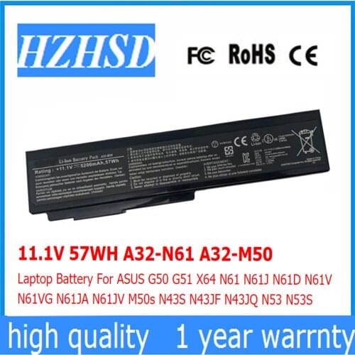 11.1V 57WH A32-N61 A32-M50 Laptop Battery For ASUS G50 G51 X64 N61 N61J N61D N61V N61VG N61JA N61JV M50s N43S N43JF N43JQ N53